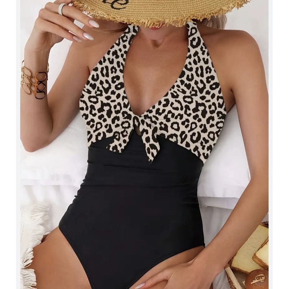 One Piece Halter Swimsuit Women's XL Animal Print Tan Black Beach Vacay New
